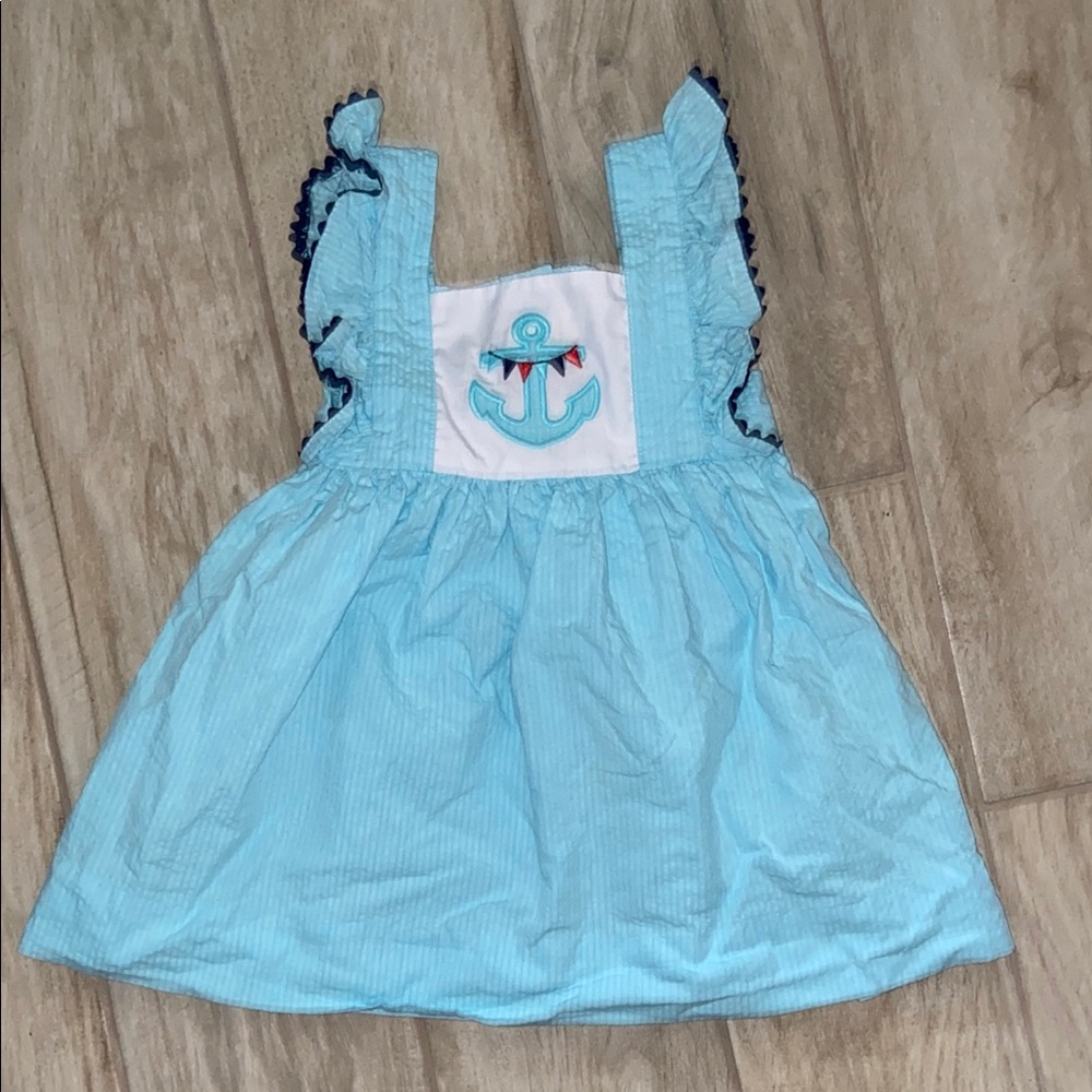 Girls Blue Gingham Cap Ruffle Sleeves Dress with Anchor Design 18 Months